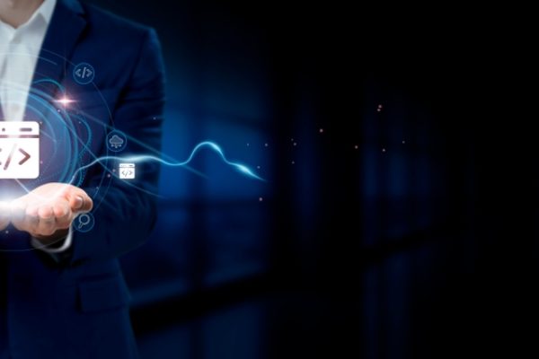 Businessman,Holding,Virtual,Web,Development,Network,Connection,Icons.,Coding,,Designing,